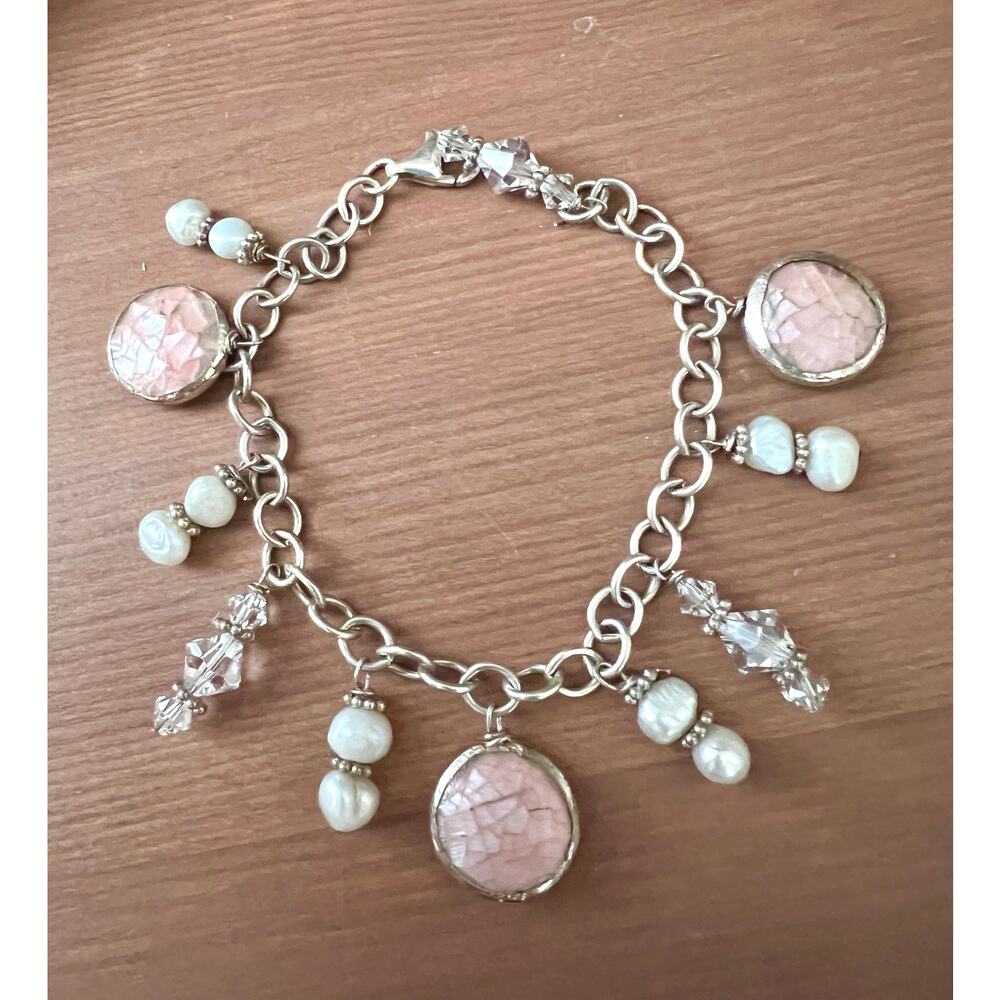925 Sterling Pearl Crystal Crackle Rose Quartz Charm Bracelet 7” 24g